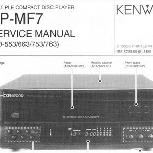 May include: A black Kenwood DP-MF7 compact disc player with a silver faceplate and a digital display. The player has a disc changer and a series of buttons on the front. The text "DISC CHANGER" is printed on the player.