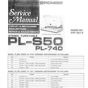 Op de afbeelding: Zwart-witte servicehandleiding voor de Pioneer PL-S50 en PL-740 stereo draaitafels. De handleiding bevat beschrijvingen van de schakeling en het mechanisme, reparaties en aanpassingen, en een tabel met de verschillende versies van elk model, inclusief spanning en opmerkingen.