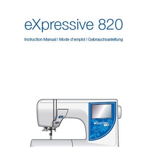 Puede incluir: Máquina de coser blanca con una pantalla de visualización azul y blanca que dice "expressive 820". La máquina tiene un cuerpo blanco con acentos azules y un pedal azul y blanco.