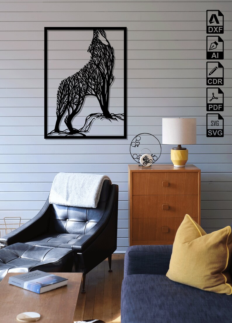 Wolf Tree Branch Laser Cut Svg Dxf Files Wall Sticker Etsy