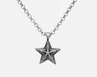 925 Silver Star Necklace with Cable Chain, Star Engraved, Handmade Carved Unisex Necklace, Oxidized Star Icon Pendant, For Men and Women