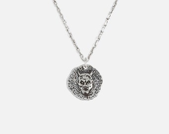 925 Silver Oni Mask Necklace with Cable Chain,  Japanese Myth, Demon, Hannya, Oni, Eroded, Engraved Necklace, For Men and Women