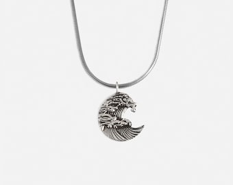 925 Silver The Great Wave Necklace with Snake Chain,  Kanagawa, Japanese, Surfer, Waves, Engraved Summer Necklace For Men and Women