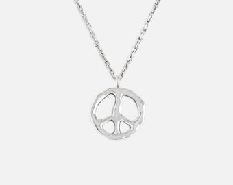 925 Silver Peace Necklace with Cable Chain, Handcrafted Uneven Organic Design Peace Sign, Hammered Irregular Necklace, For Men and Women