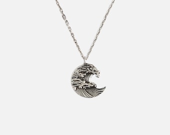 925 Silver Great Wave Necklace with Cable Chain, Kanagawa, Japanese, Surfer, Minimalistic, Casual Engraved Summer Necklace For Men and Women
