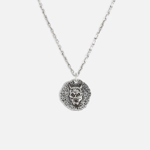 925 Silver Oni Mask Necklace with Cable Chain,  Japanese Myth, Demon, Hannya, Oni, Eroded, Engraved Necklace, For Men and Women