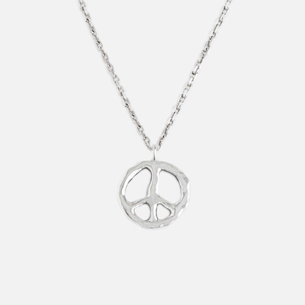 925 Silver Peace Necklace with Cable Chain, Handcrafted Uneven Organic Design Peace Sign, Hammered Irregular Necklace, For Men and Women