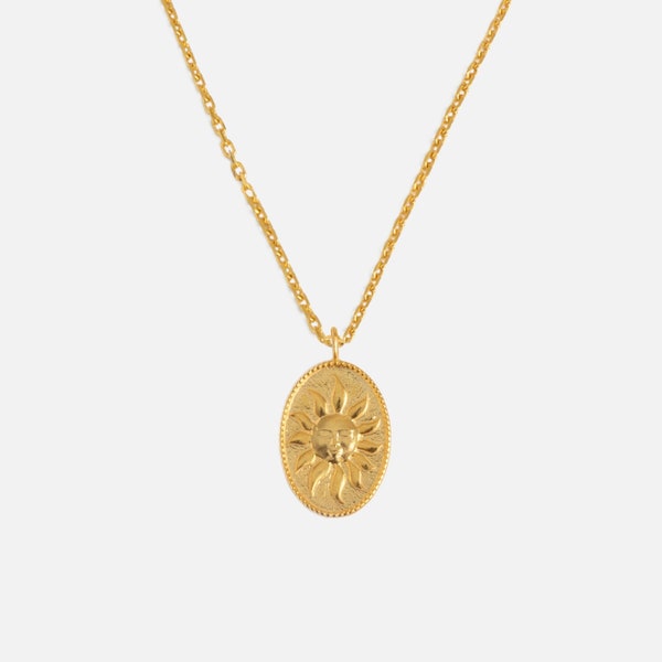 Collier The Sun en argent 925 avec chaîne forçat, or vermeil, visage solaire, alchimie, rayons de soleil ondulés, soleil, collier, pour homme et femme