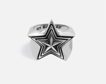 925 Silver Star Ring, Star Engraved Ring, Unisex Layered Signet Ring, Handcrafted Oxidized Statement Ring, For Men and Women