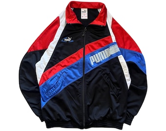 Giacca sportiva vintage Puma Y2K color block con zip intera, abbigliamento streetwear