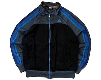 Giacca sportiva vintage Adidas blu e nera, stile anni 2000, con cerniera, taglia M.