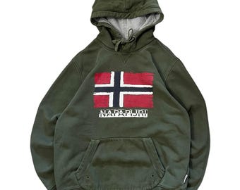 Vintage Napapijri Norway Flag Hoodie Olive Green Y2K Outdoor Fleece Size L
