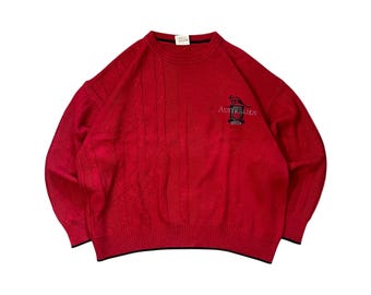 Vintage Australian Wool Knit Sweater Red Cable Knit Jumper 90s
