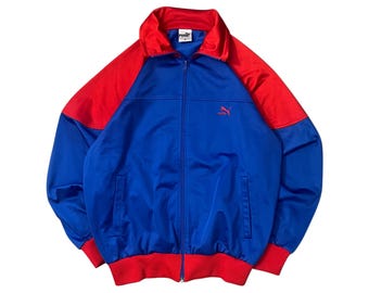 Giacca sportiva vintage Puma blu e rossa anni '90, stile retrò, con cerniera.