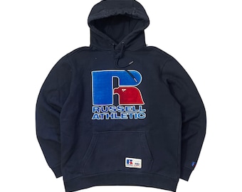 Felpa con cappuccio vintage Russell Athletic con logo grande Y2K, blu navy.