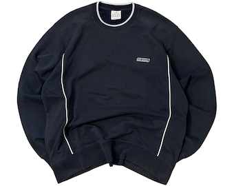 Felpa vintage Adidas blu navy con logo minimal, girocollo, modello Y2K, taglia M