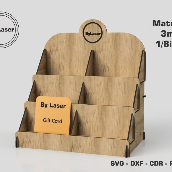 Présentoir de cartes-cadeaux de comptoir de vente au détail à trois niveaux - Fichier découpé au laser - Versions 3mm - 1/8 po - Présentoir de marché SVG