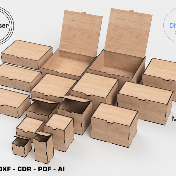 Caja cortada con láser con tapa abatible - Caja de almacenamiento - 16 tamaños diferentes - 6 espesores de material diferentes - Archivos de corte láser Glowforge SVG