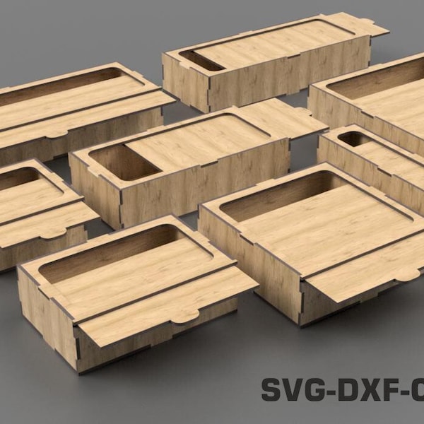 Boxes with slide lid , Storage Boxes 8 Different Slider Size , for 3 mm Material , Svg , Dxf  Laser Cut File Glowforge