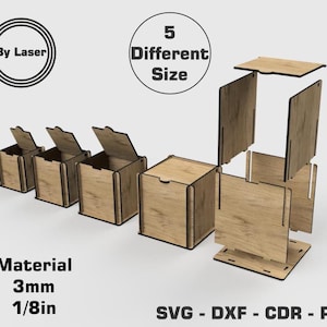 Pudełko wycinane laserowo z podnoszoną pokrywką - materiał drewniany 3 mm i 1/8" - rozmiar od 6x6x6 cm do 10x10x10 cm - pliki do cięcia laserowego SVG