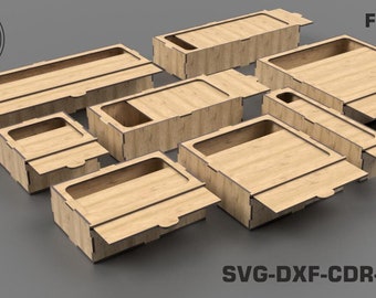 Boxes with slide lid , Storage Boxes 8 Different Slider Size , for 3 mm Material , Svg , Dxf  Laser Cut File Glowforge