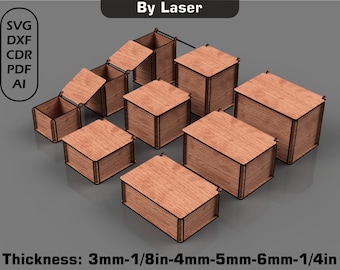 Modèle SVG de boîte découpé au laser avec couvercle rabattable, boîte de rangement, 9 tailles et épaisseurs différentes, DXF, PDF