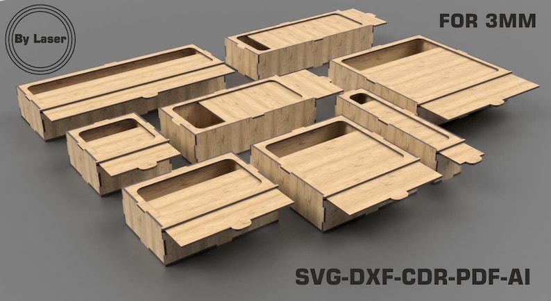 Boîtes avec couvercle coulissant, 8 boîtes de rangement de tailles différentes, pour matériau de 3 mm, fichier découpé au laser Svg, Dxf Glowforge image 1