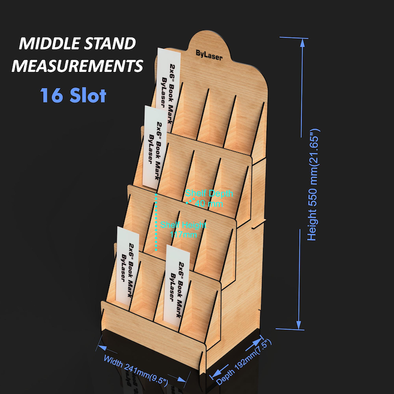 Puede incluir: Un expositor de madera con 16 ranuras para exhibir art&iacute;culos. El soporte mide 550 mm de alto, 241 mm de ancho y 192 mm de profundidad. El texto "MIDDLE STAND MEASUREMENTS 16 Slot" es visible. La marca "ByLaser" tambi&eacute;n es visible.