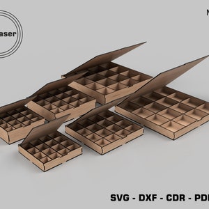 May include: Five wooden storage boxes with lids, each with a different number of compartments. The boxes are made of 3mm, 4mm, 5mm, and 6mm thick wood. The boxes are labeled with the text "By Laser" and "SVG - DXF - CDR - PDF - AI".