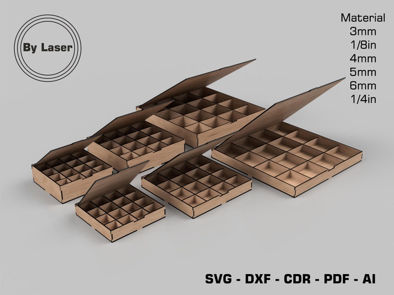 May include: Five wooden storage boxes with lids, each with a different number of compartments. The boxes are made of 3mm, 4mm, 5mm, and 6mm thick wood. The boxes are labeled with the text "By Laser" and "SVG - DXF - CDR - PDF - AI".