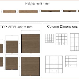 May include: Diagram showing the top view and column dimensions of a wooden structure. The top view shows three different sizes of square wooden panels, with measurements in millimeters. The column dimensions show six different sizes of square grids, also with measurements in millimeters.