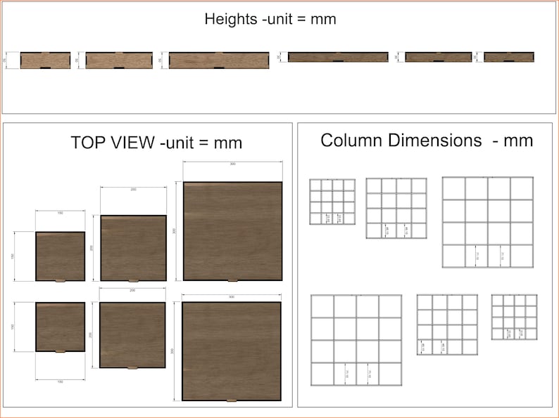May include: Diagram showing the top view and column dimensions of a wooden structure. The top view shows three different sizes of square wooden panels, with measurements in millimeters. The column dimensions show six different sizes of square grids, also with measurements in millimeters.