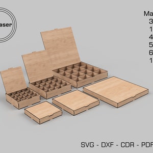 May include: Five wooden boxes with lids, each with a different number of compartments. The boxes are arranged in size order, with the largest box at the top and the smallest box at the bottom. The boxes are made of 3mm, 1/8in, 4mm, 5mm, and 6mm or 1/4in thick wood. The text "By Laser" is visible in the top left corner of the image.