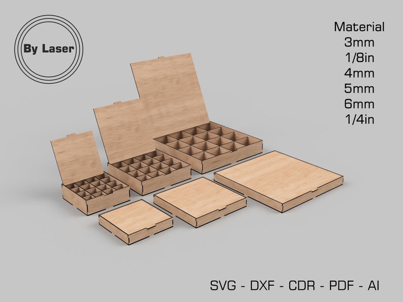 May include: Five wooden boxes with lids, each with a different number of compartments. The boxes are arranged in size order, with the largest box at the top and the smallest box at the bottom. The boxes are made of 3mm, 1/8in, 4mm, 5mm, and 6mm or 1/4in thick wood. The text "By Laser" is visible in the top left corner of the image.