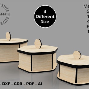 Può includere: Tre scatole esagonali in legno con coperchi, ciascuna di una dimensione diversa. Le scatole sono in legno chiaro con finiture nere. Il testo "By Laser" e "3 Different Size" è visibile nell'immagine. Il testo "Material 3mm 1/8in 4mm 6mm 1/4in" è anche visibile nell'immagine.
