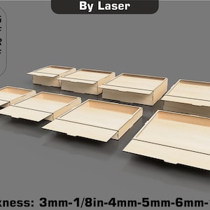 May include: Seven wooden boxes with lids, each box is a different size. The boxes are made of light brown wood and have black lines around the edges. The boxes are arranged in a row from largest to smallest. The text "Thickness: 3mm-1/8in-4mm-5mm-6mm-1/4in" is at the bottom of the image.