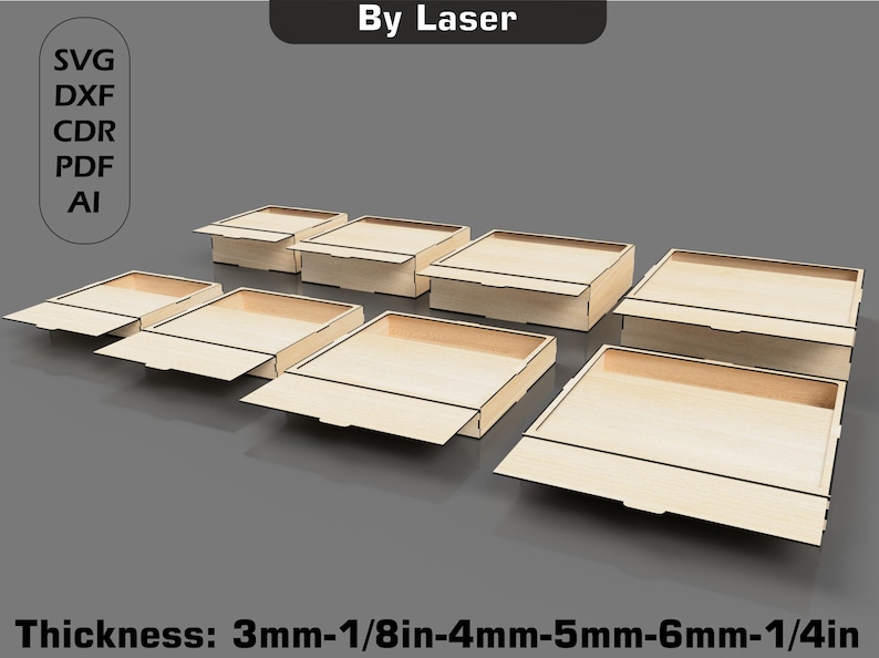 May include: Seven wooden boxes with lids, each box is a different size. The boxes are made of light brown wood and have black lines around the edges. The boxes are arranged in a row from largest to smallest. The text "Thickness: 3mm-1/8in-4mm-5mm-6mm-1/4in" is at the bottom of the image.
