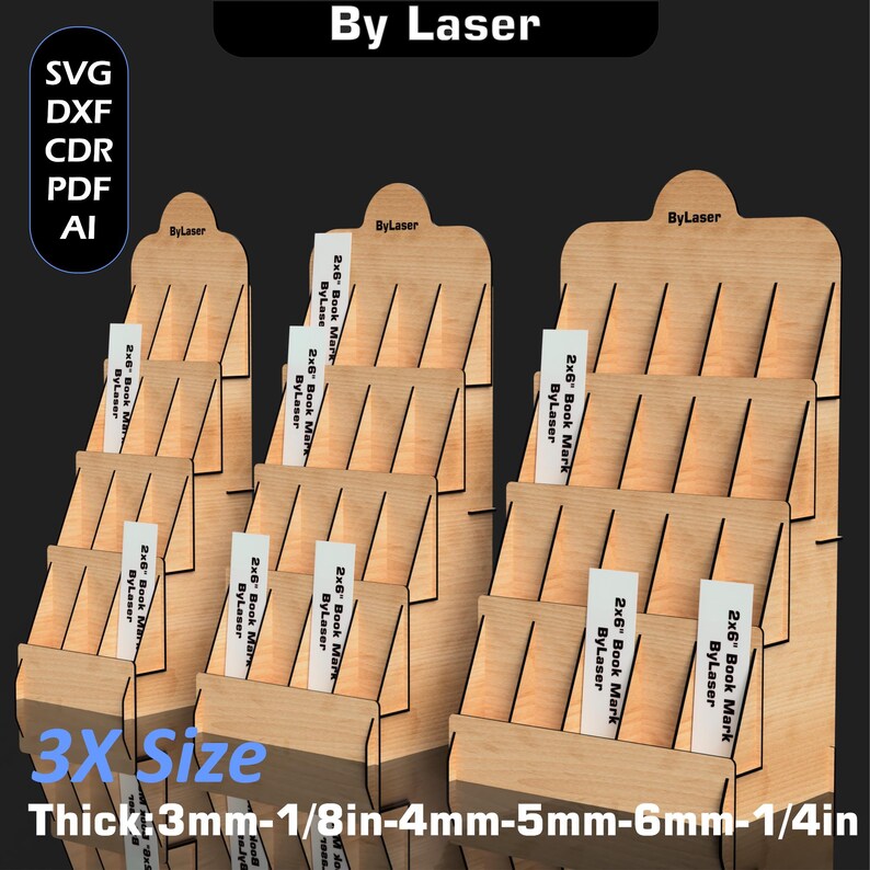 Puede incluir: Expositores de madera con m&uacute;ltiples estantes, cada uno con varios marcadores. Los expositores est&aacute;n etiquetados como "By Laser" y "2x6" Book Mark ByLaser." Tambi&eacute;n se ve el texto "3X Size" y "Grosor: 3mm-1/8in-4mm-5mm-6mm-1/4in".