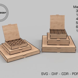 May include: Three stacked wooden boxes with lids. The top box has 16 compartments. The boxes are made of 3mm, 4mm, 5mm, and 6mm wood. Material: 3mm, 1/8in, 4mm, 5mm, 6mm, 1/4in. SVG - DXF - CDR - PDF - AI