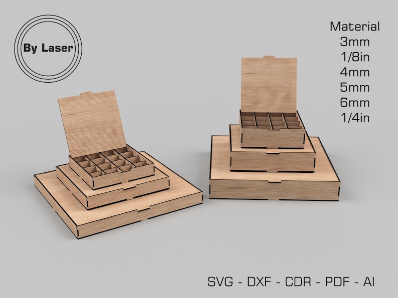 May include: Three stacked wooden boxes with lids. The top box has 16 compartments. The boxes are made of 3mm, 4mm, 5mm, and 6mm wood. Material: 3mm, 1/8in, 4mm, 5mm, 6mm, 1/4in. SVG - DXF - CDR - PDF - AI