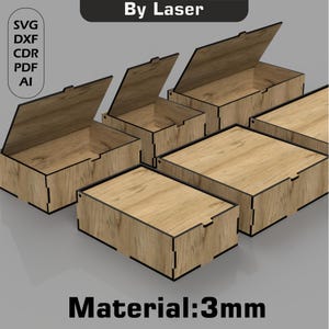 Caja cortada a láser SVG con tapa abatible / 6 tamaños / Material de 3 mm / DXF, AI para GlowForge