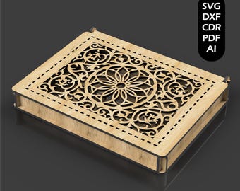 Drewniane pudełka prezentowe wycinane laserowo, z odchylaną pokrywką, plik Glowforge SVG DXF PDF