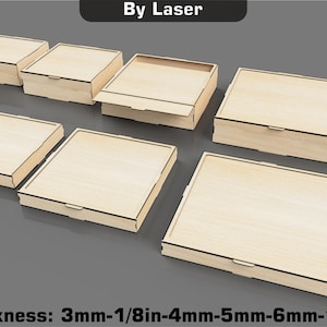 May include: Six wooden boxes of varying sizes, with lids, designed for laser cutting. The boxes are arranged in a staggered pattern on a grey background. The text "SVG DXF CDR PDF AI" and "Thickness: 3mm-1/8in-4mm-5mm-6mm-1/4in" is visible below the boxes.