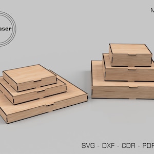 May include: Three wooden boxes stacked on top of each other. The boxes are made of 3mm, 4mm, and 5mm thick wood. The boxes are all square and have a simple design. The boxes are perfect for storing small items or for use as a decorative element.
