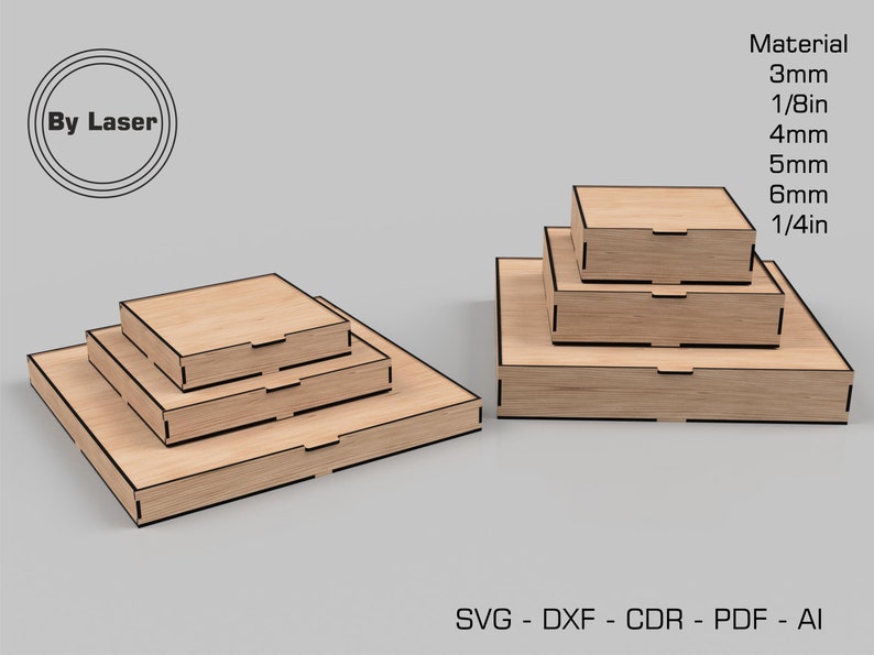 May include: Three wooden boxes stacked on top of each other. The boxes are made of 3mm, 4mm, and 5mm thick wood. The boxes are all square and have a simple design. The boxes are perfect for storing small items or for use as a decorative element.