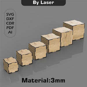 Cubo cortado con láser, archivos vectoriales de 5 x 5 a 10 x 10 cm para corte láser de madera, Glowforge SVG