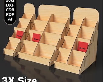 Expositor de mostrador para tiendas minoristas SVG: tamaño 3X, expositores de madera escalonados, archivos cortados con láser