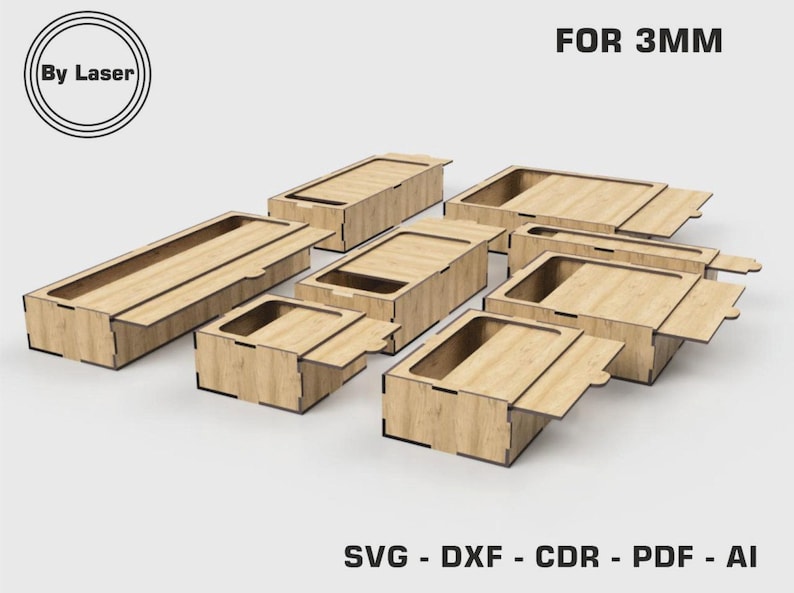 Boîtes avec couvercle coulissant, 8 boîtes de rangement de tailles différentes, pour matériau de 3 mm, fichier découpé au laser Svg, Dxf Glowforge image 3