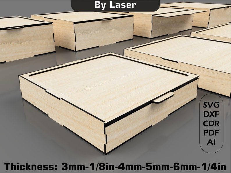 May include: A set of six wooden boxes with lids, each box is made of light brown wood with black edges. The boxes are arranged in a staggered pattern on a gray surface. The text "By Laser" is at the top of the image. The text "SVG DXF CDR PDF AI" is on the right side of the image. The text "Thickness: 3mm-1/8in-4mm-5mm-6mm-1/4in" is at the bottom of the image.