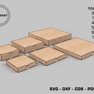 May include: Six wooden boxes of varying sizes, with the largest box at the top and the smallest box at the bottom. The boxes are made of light brown wood and have a natural wood finish. The boxes are all closed and have a simple design. The text "Material 3mm 1/8in 4mm 5mm 6mm 1/4in" is visible on the right side of the image. The text "By Laser" is visible in a circle at the top left of the image. The text "SVG - DXF - CDR - PDF - AI" is visible at the bottom of the image.